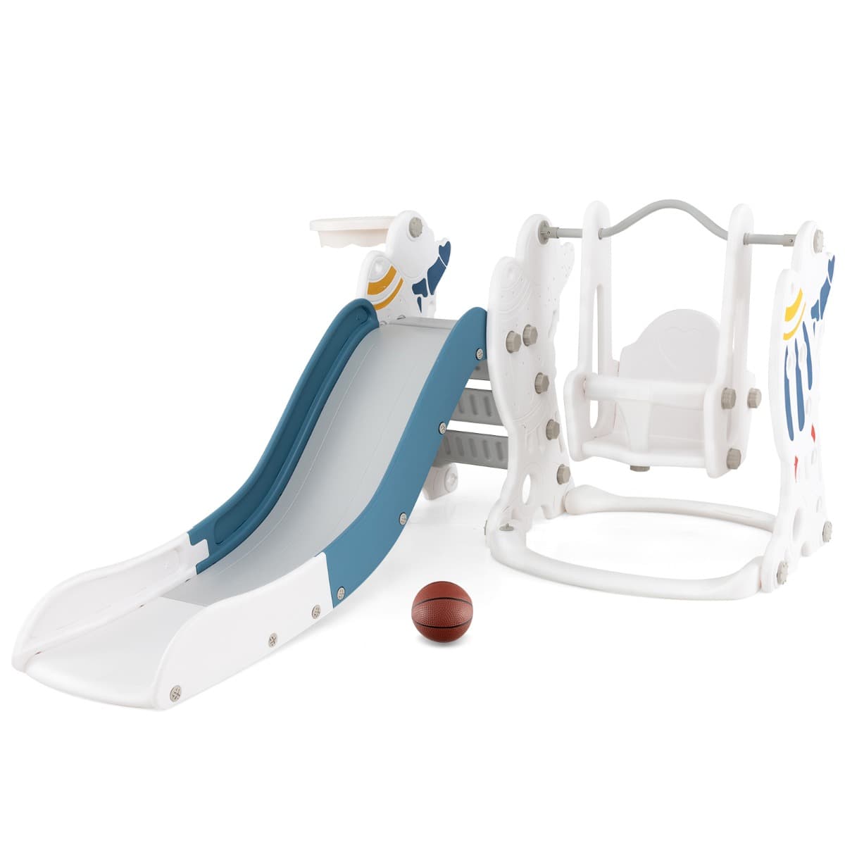 CostwayEnsemble de Toboggan et Balançoire pour Enfants de 18 Mois+ Aire de Jeux 4 en 1 Toboggan Balançoire Panier de Basket Escalier Bleu